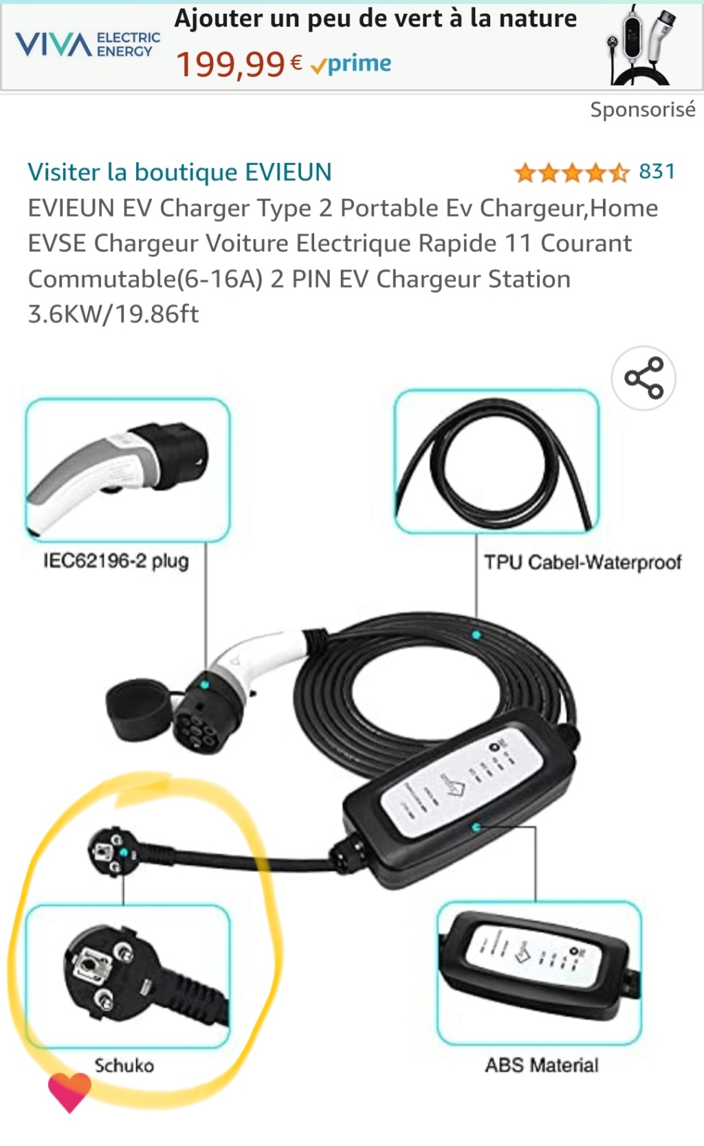 EVIEUN EV Charger Type 2 Portable Ev Chargeur,Home EVSE Chargeur Voiture  Electrique Rapide 11 Courant Commutable(6-16A) 2 PIN EV Chargeur Station  3.6KW/19.86ft : : Auto et Moto